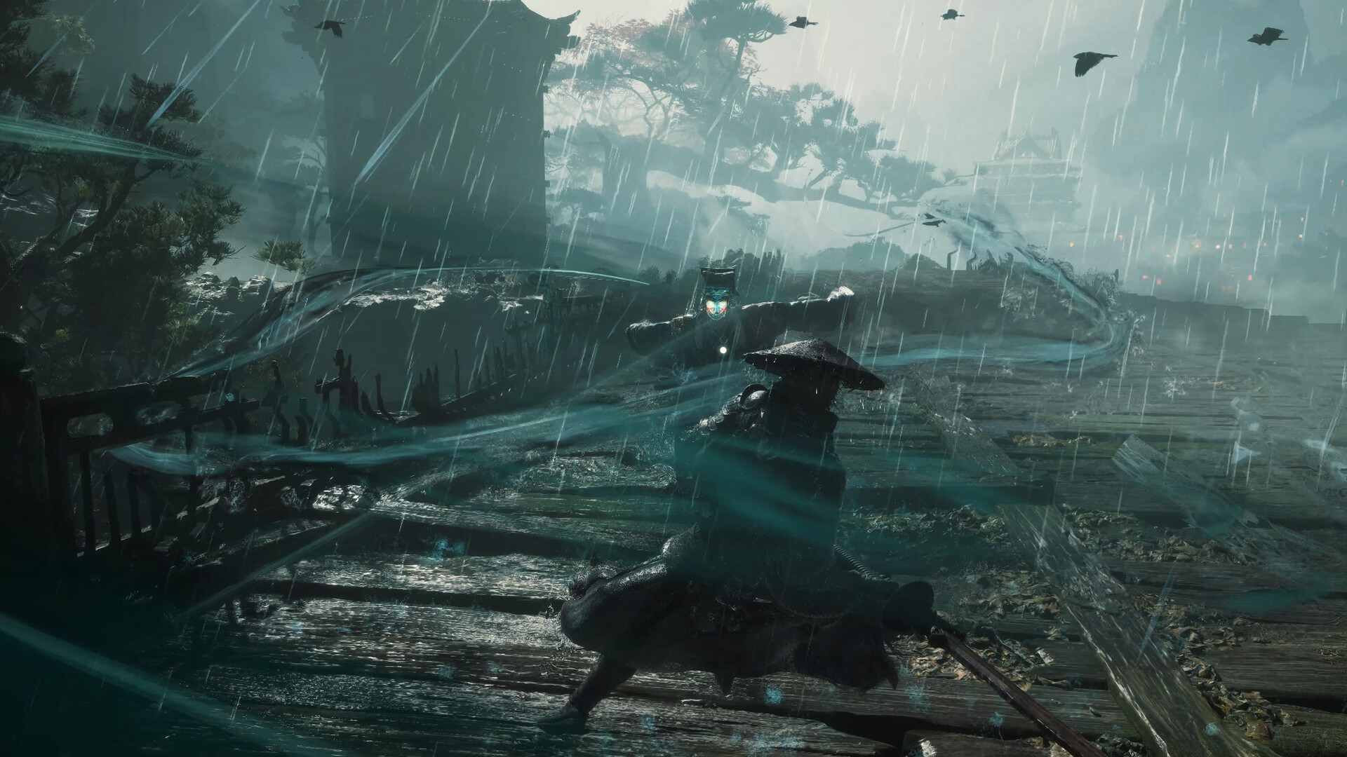 Rain duel on a wooden path with a cyan blade arc