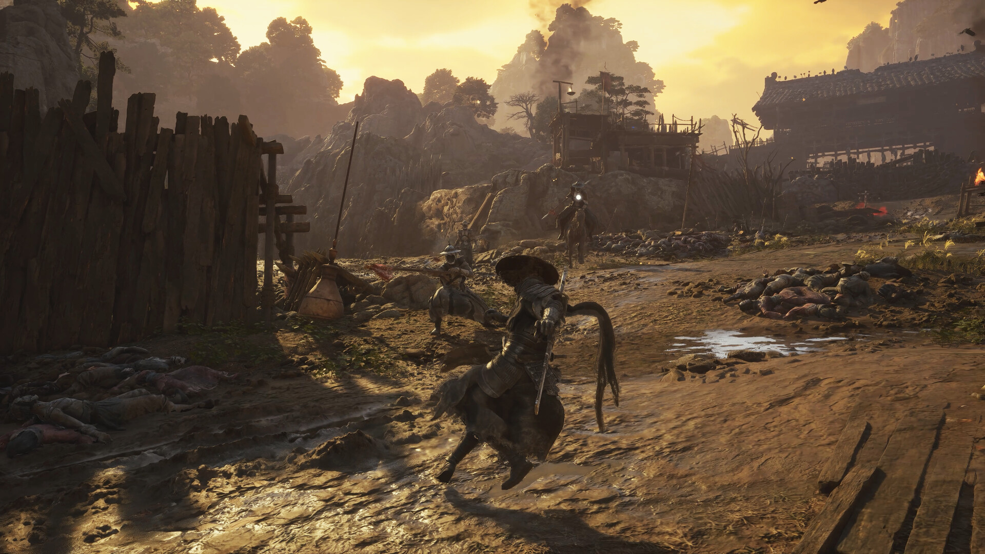 Soul charging through a mountain village at dusk
